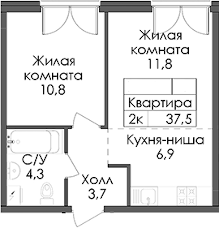 1-комнатная квартира 37.5 м², 4/9 эт., ЖК «Лермонтовский 54»